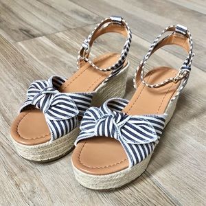 J. Crew Blue Striped Canvas Espadrille Wedges Size 7